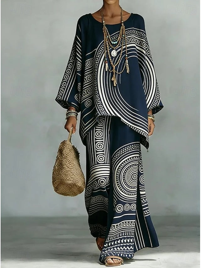 Women's Pants Sets Long Sleeve Round Neck Graphic Geometric