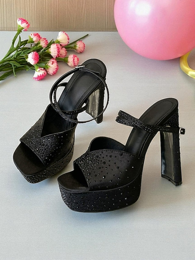 Sandals Peep Platform Rhinestone Toe Women's Heel High with