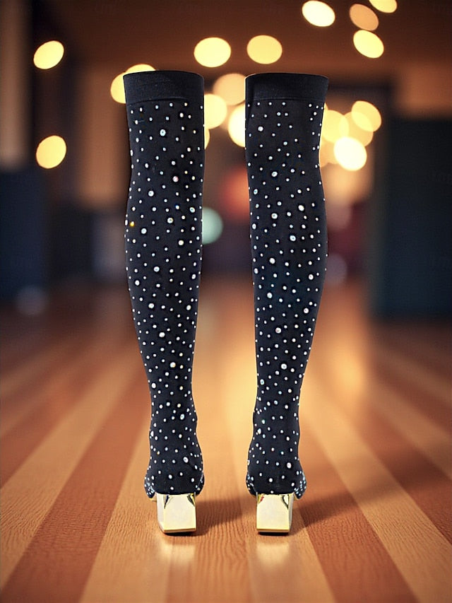 Pointed Black Boots with Women's Rhinestone Over-the-Knee