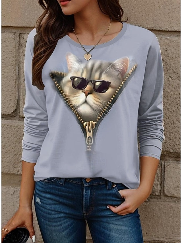 Women's T shirt Crew Neck Long Sleeve Tunic Cat Modern