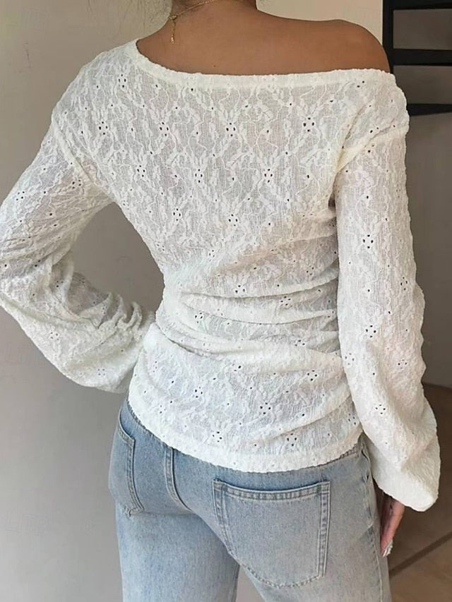 Women's T Shirt Lace Splicing Top Lace Plain Casual Long