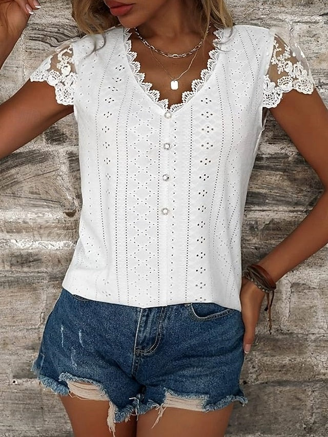 Women's White Elegant Lace Tops Eyelet Blouse Casual Solid