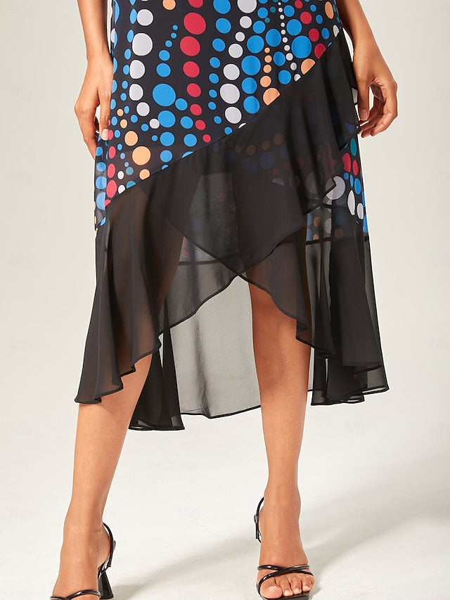 Colorblock Polka Dot Chiffon Ruffle Maxi Dress