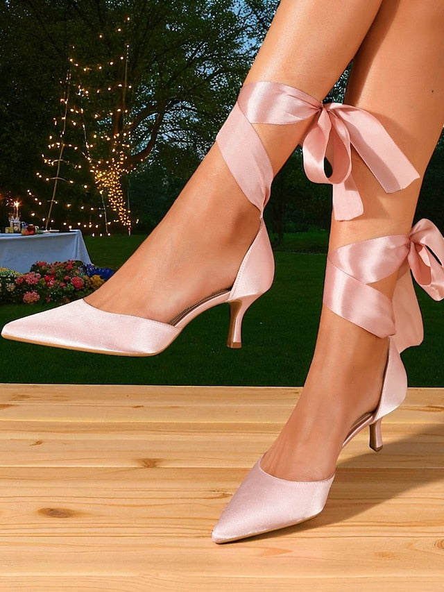 Women's Kitten Satin Pointed-Toe with Heel Shoes Ribbon