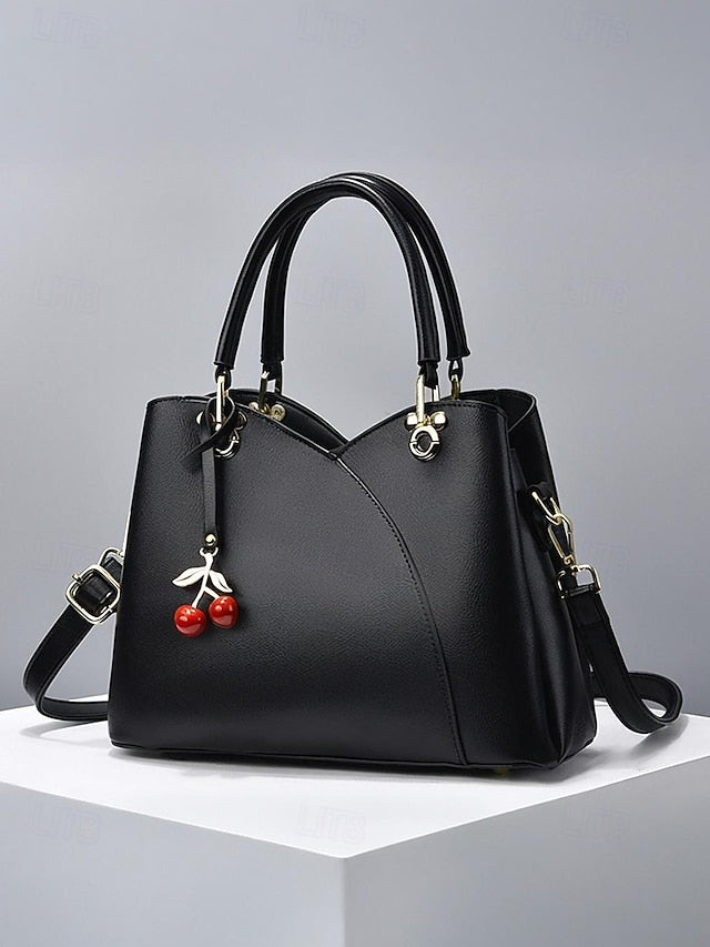 Women's Cherry Charm Faux Leather Handbag with Top Handle