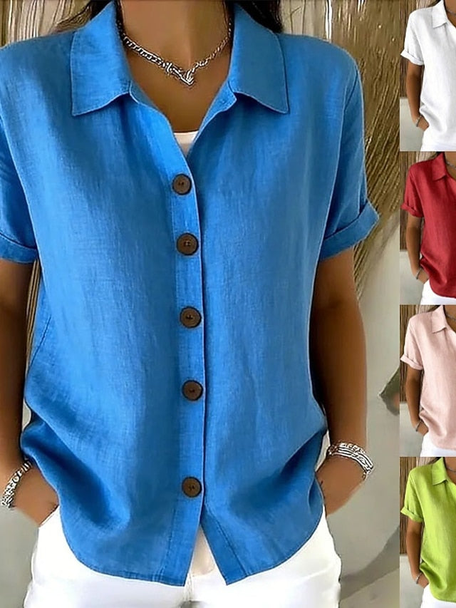 Women's Blouse Buttons Solid Color Stylish Casual Short