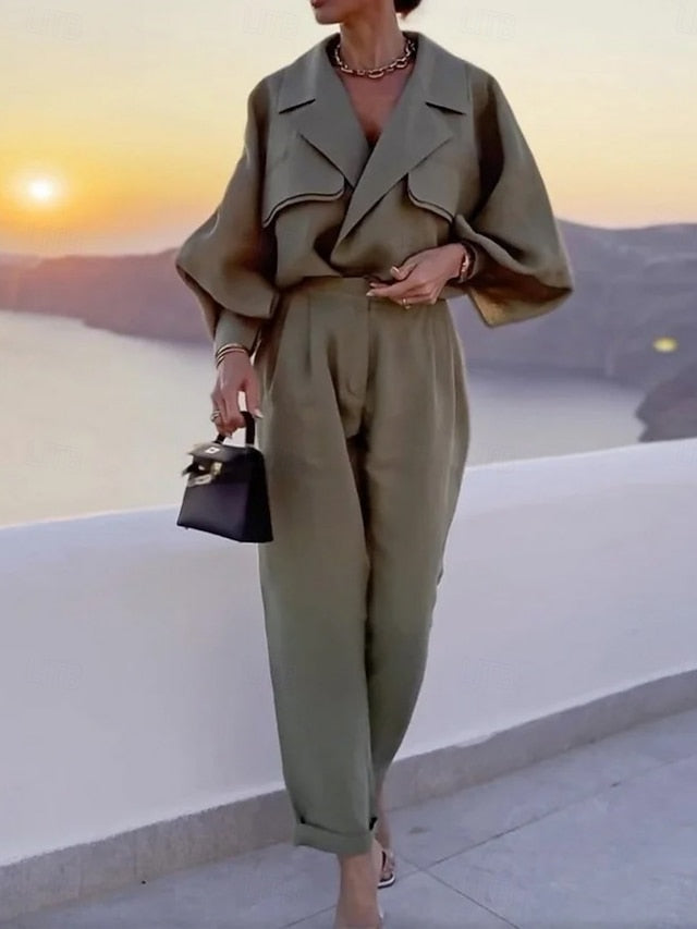Women's Shirt Wide Leg Pants Long Sleeve Shirt Collar Plain