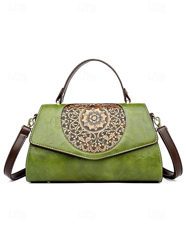 Vintage Floral Engraved Faux Leather Handbag – Women's