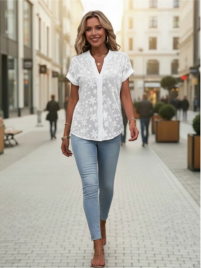 Women's Shirt Lace Shirt Blouse Dressy Tops Lace Buttons