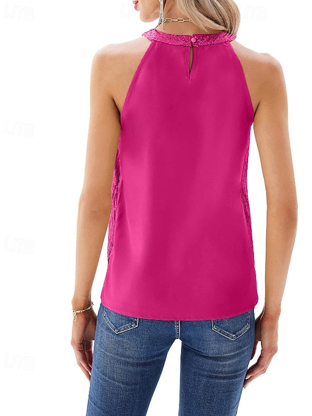 Women's T Shirt Sequins Plain Casual Sleeveless Crew Neck