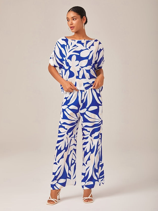 Satin Mismatched Floral Slash Neck T-shirt Sleeve Two Piece Set