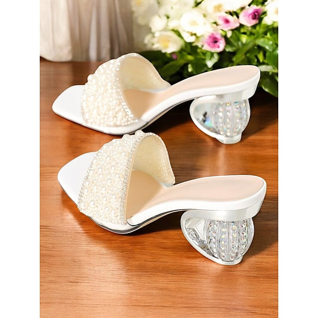 Women for Mules Wedding Open-Toe – Pearl-Embellished Bridal