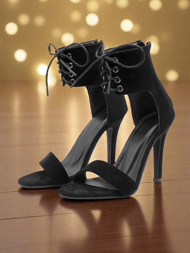 Ankle Heel High - Black Sexy Sandals Lace-Up Women's Strap