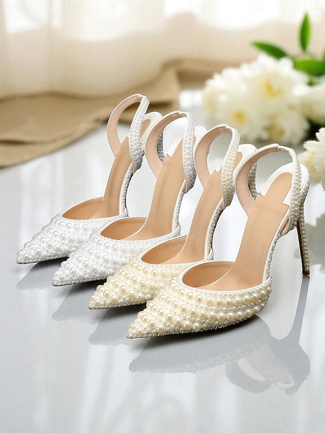 Women's White Leather Heels Slingback Pearl-Embellished -