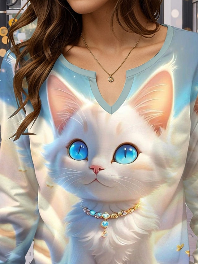 Women's T Shirt Print Cat Casual Long Sleeve Notched Neck