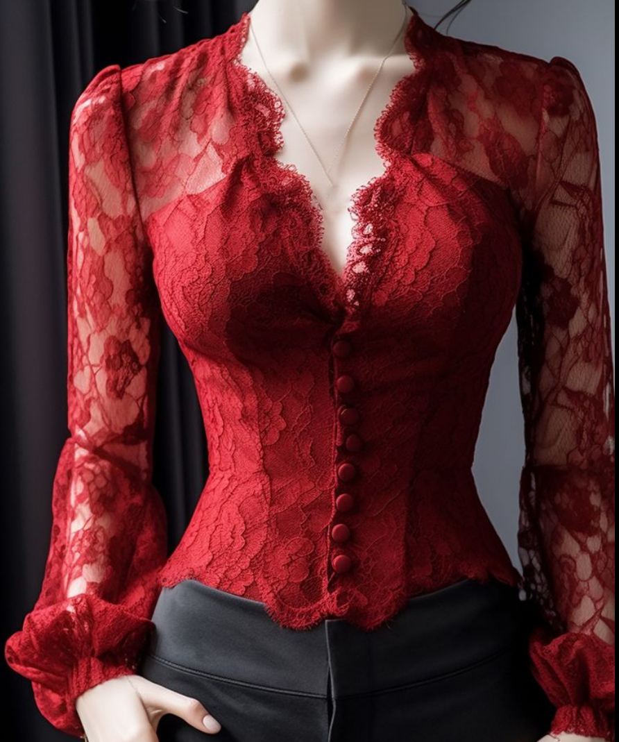 Slim Fit Red V Neck Hollow Out Lace Top Flare Sleeve AL1041