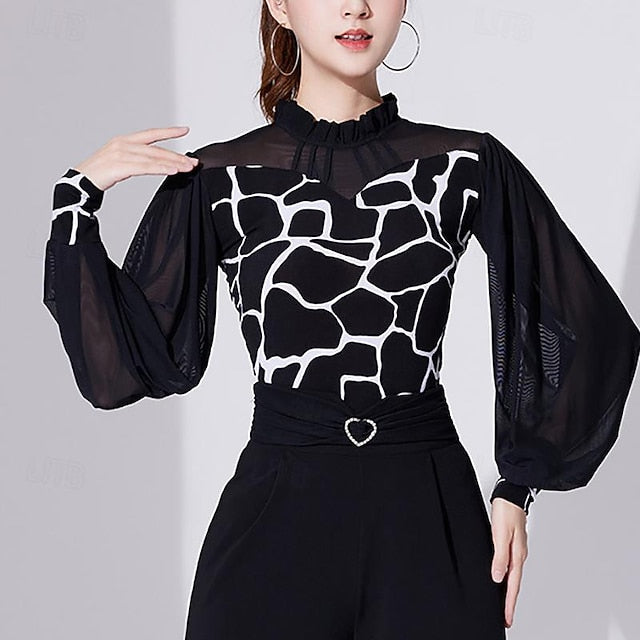 Ballroom Dance Activewear Top Printing Pure Color Splicing