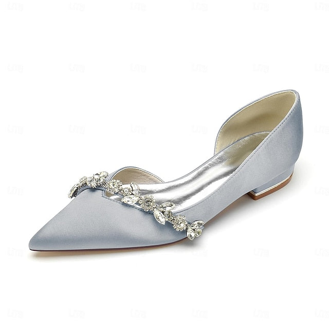 and Wedding Flat with Pointed Toe Shoes White Satin Crystal