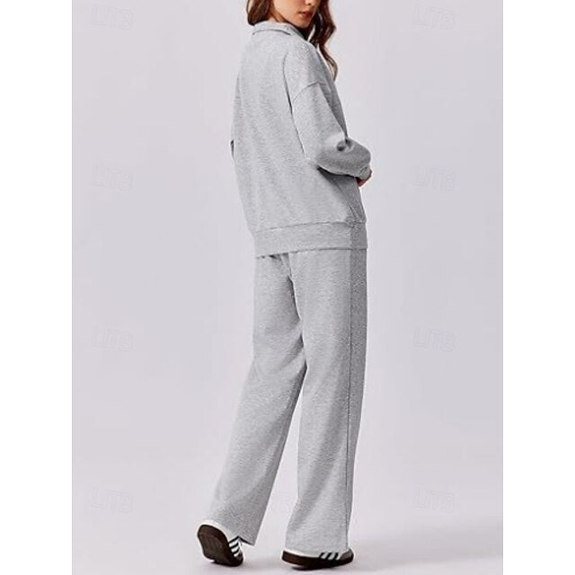 Women's Pants Sets Long Sleeve V Neck Solid Color