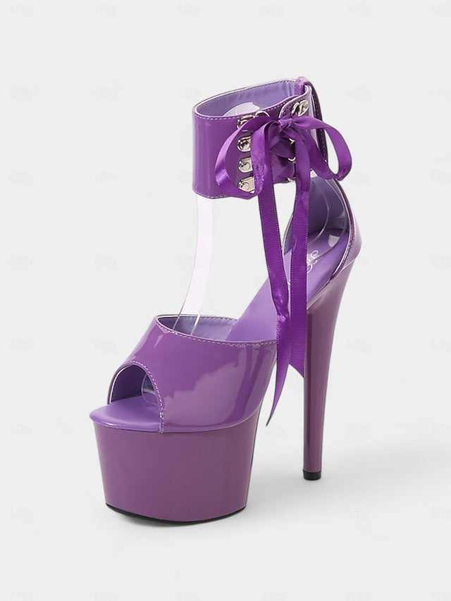 Straps Black Patent Leather Lace-Up Sandals Ankle Platform with