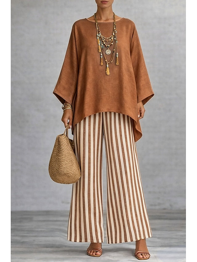 Women's Pants Sets Long Sleeve Round Neck Graphic Striped