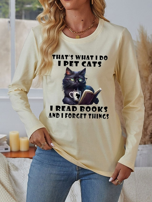 Women's 100% Cotton T Shirt Casual Cat Letter Regular Tops