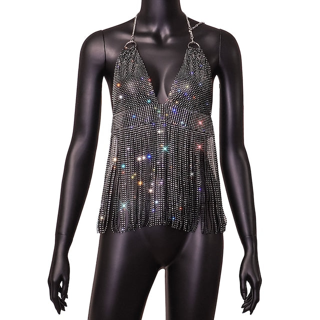 Metallic Backless Sparkle Camisole Body Chain Crop Tank Top