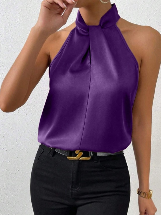 Women's Shirt Elegant Satin Top Silk Shirt Backless Plain