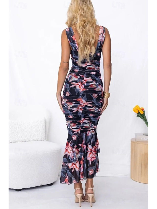 Women's Midi Dress Slip Dress Print Dress Ruched Dress