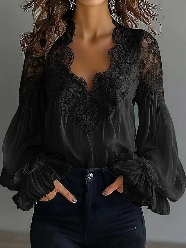 Women's Lace Shirt Blouse Lace Patchwork Solid Color