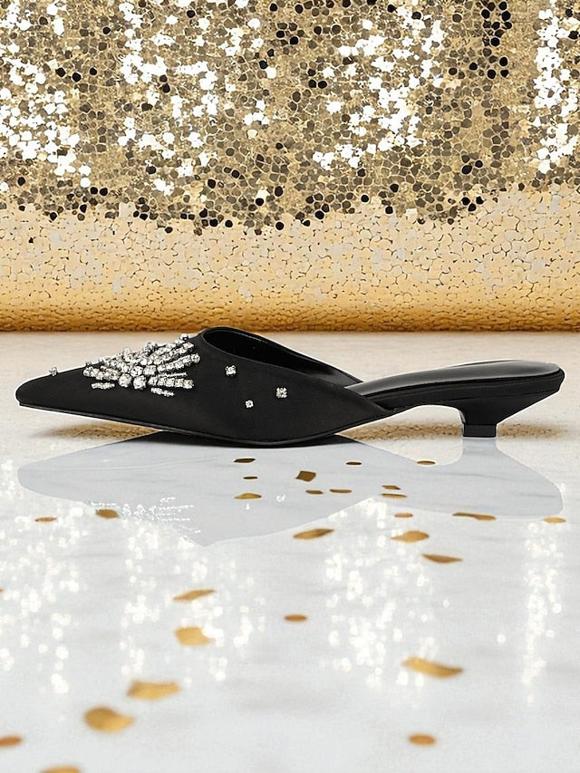with Pointed Women's Satin Toe Rhinestone Black Mules