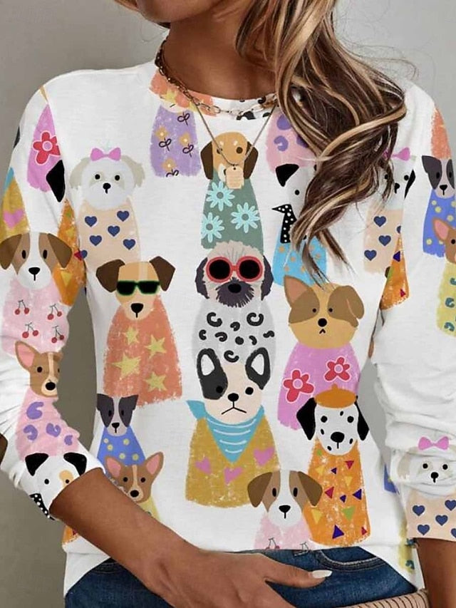 Women's T shirt Crew Neck Long Sleeve Tunic Cat Dog Casual