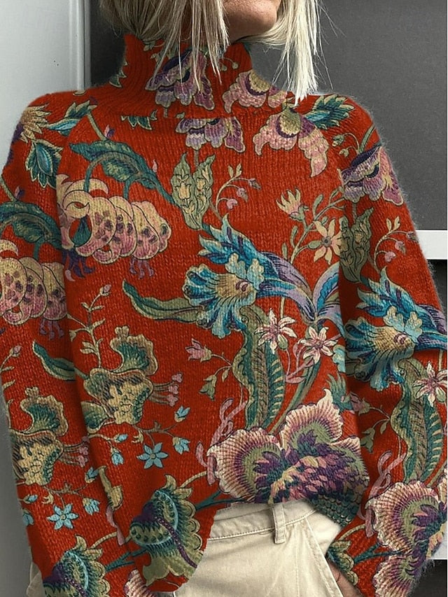 Women's Sweater Casual Soft Floral Ribbed Turtleneck