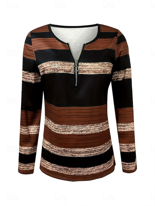 Women's T Shirt Zipper Print Graphic Geometric Striped