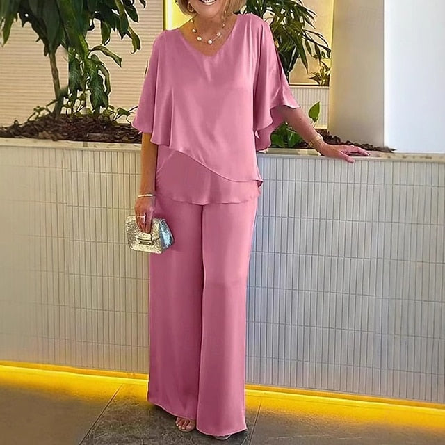 Women's Blouse Wide Leg Pants 3/4 Length Sleeve V Neck