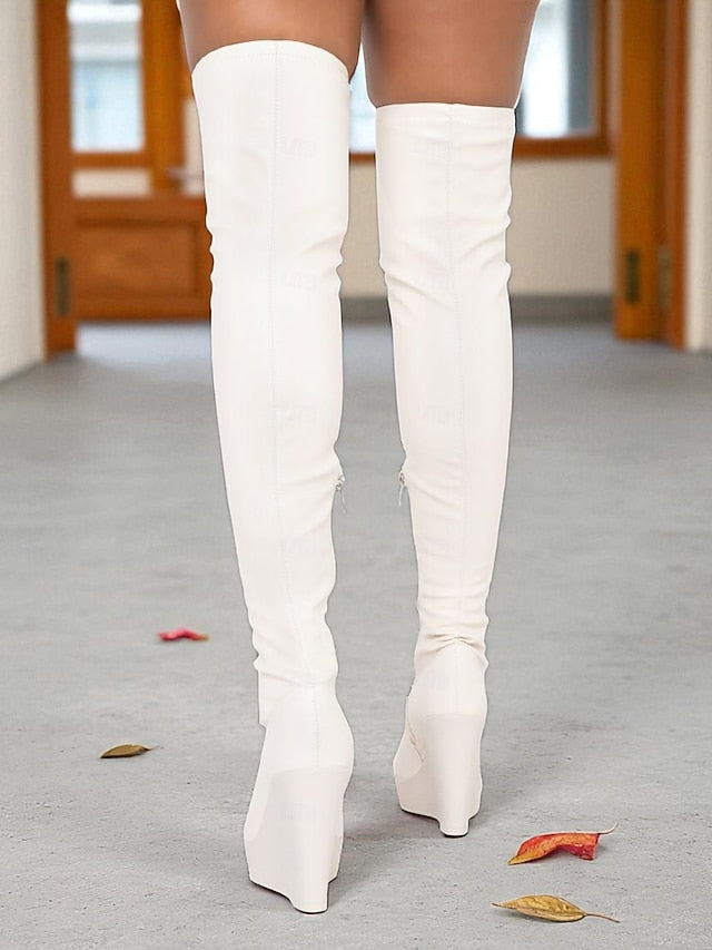 Knee the Wedge Over Women's Black - Heel Faux Boots Leather