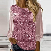 Women's T Shirt Tee Top Sequins Patchwork Solid Color