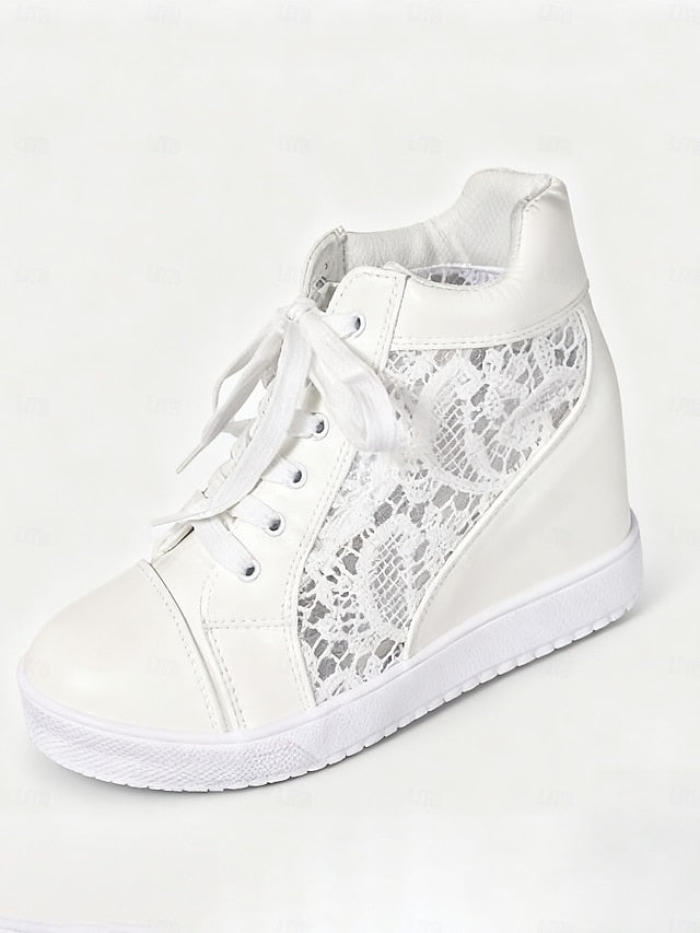 Women's White Lace High-Top Bridal Sneakers with Hidden