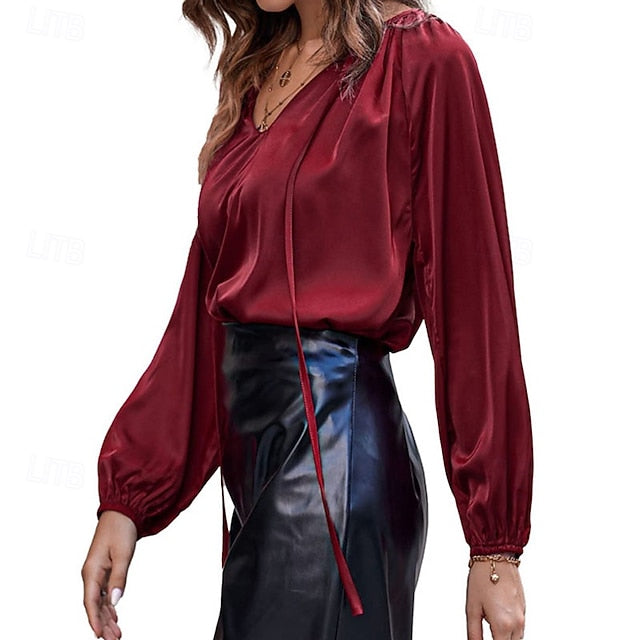 Women's Shirt Elegant Satin Top Silky Tops Ruched
