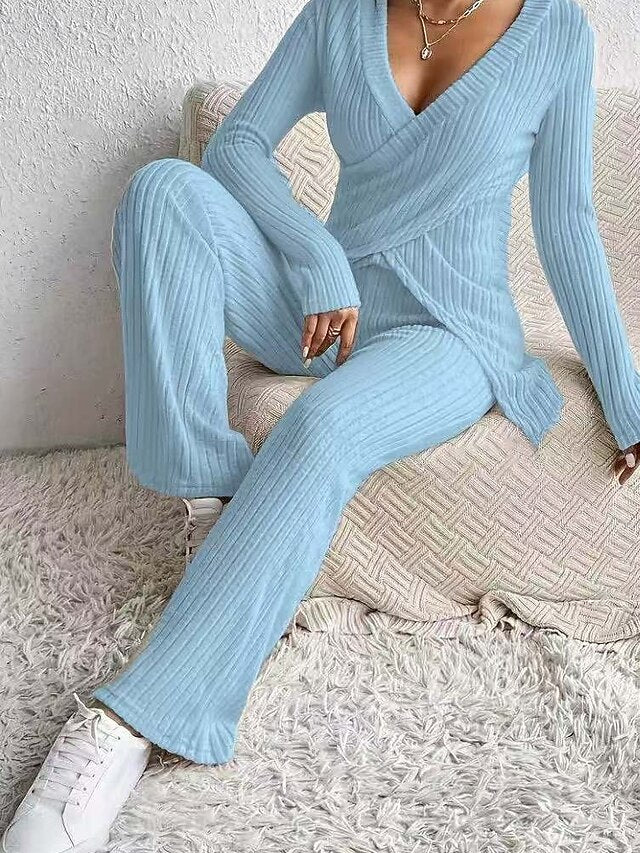 Women's Blouse Pants Sets Bolero Top Long Sleeve V Neck