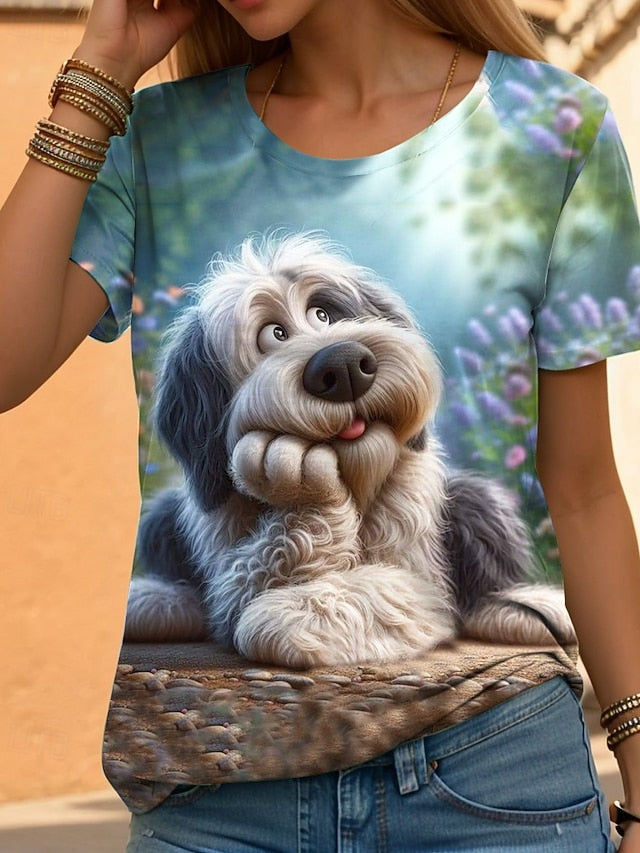 Women's T Shirt Print Dog Casual Short Sleeve Round Neck