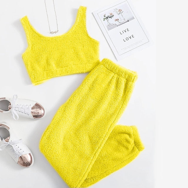 Solid Fuzzy Lounge Set Warm Tank Crop Top & Elastic