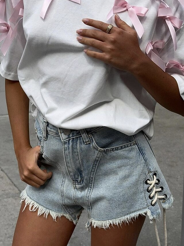 Women's Tee 100% Cotton 3D Appliques Bow Solid Color Cute