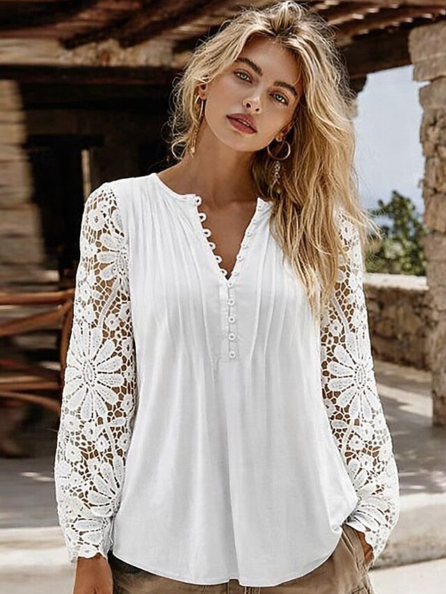 Women's Blouse Lace Tops Lace Buttons Solid Color Elegant