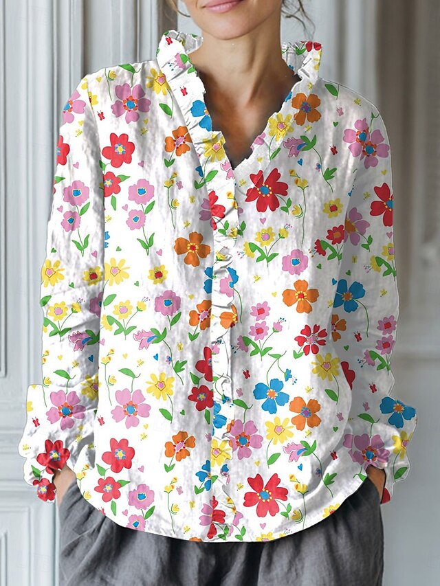 Women's Blouse Ruched Ruffle Floral Graphic Elegant Vintage