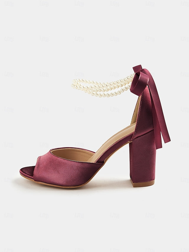 Block Heel Pearl Women's Sandals Ankle Satin Peep-Toe with
