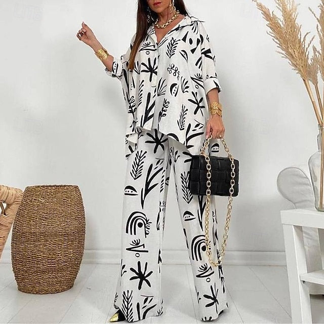 Women's Pants Sets Short Sleeve Shirt Collar Geometric