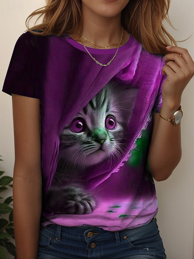 Women's T Shirt Print Graphic Animal Cat Vintage Stylish