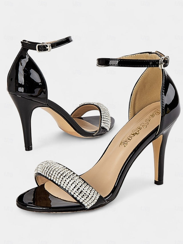 Leather Sandals Heel Black with High Rhinestone Patent