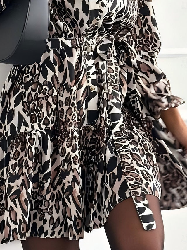 Women's Leopard Shirt Collar Mini Dress Long Sleeve Summer